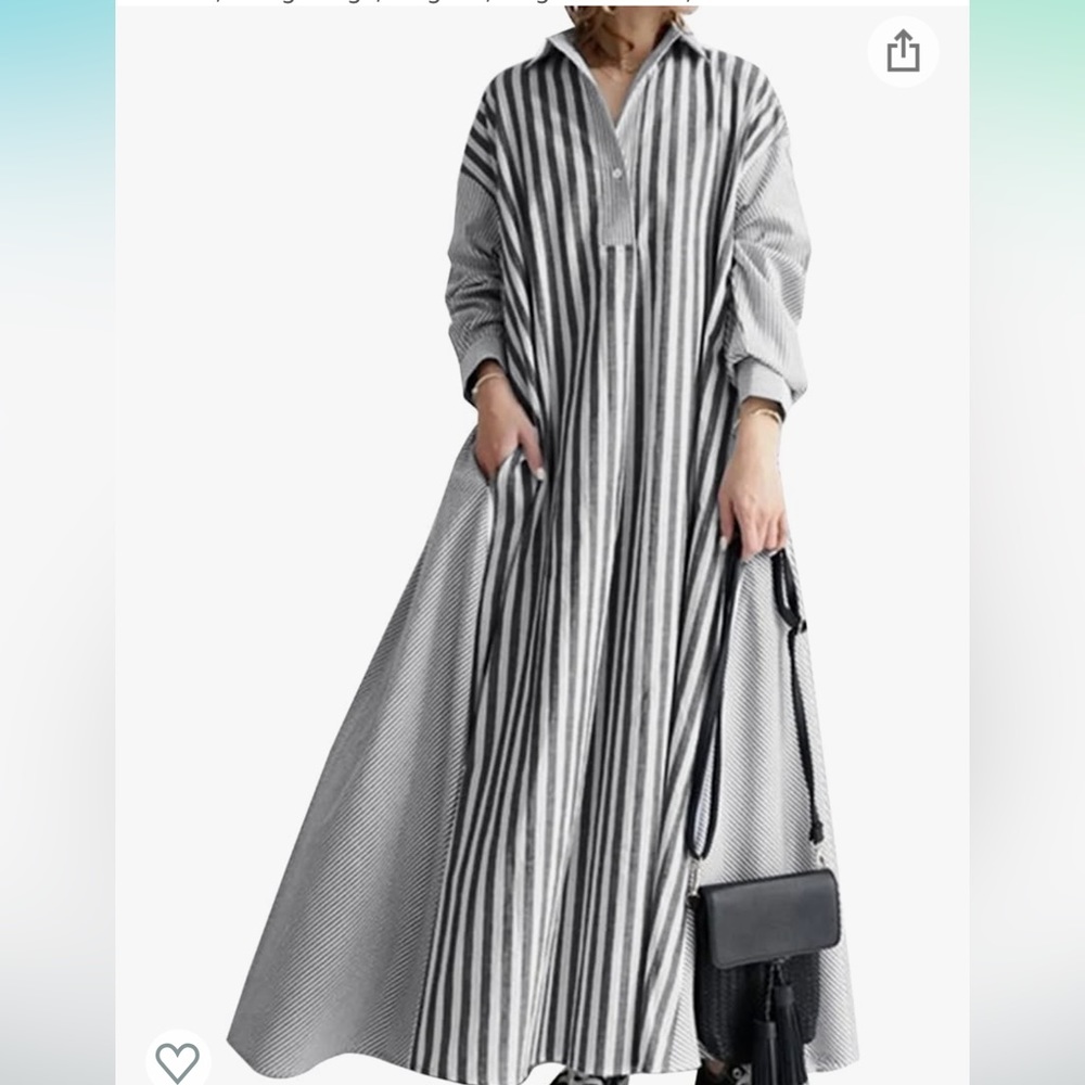 Striped Black & White Maxi Dress - Casual Button Collar